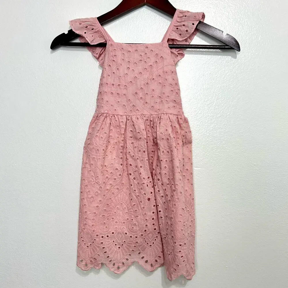 Girls Pink Eyelet Sundress Size 5 Cotton Candy & Hills Summer Lace Ruffle Dress